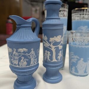 Blue Jasperware-Style Pitcher & Vases Set with White Relief